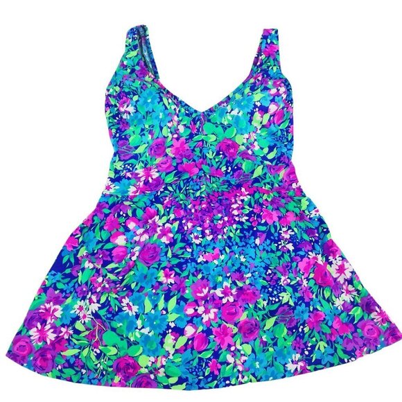 Vintage Gabar One Piece Skirted Swimsuit Size 14 Floral Bright Retro Pink Blue - Picture 1 of 15